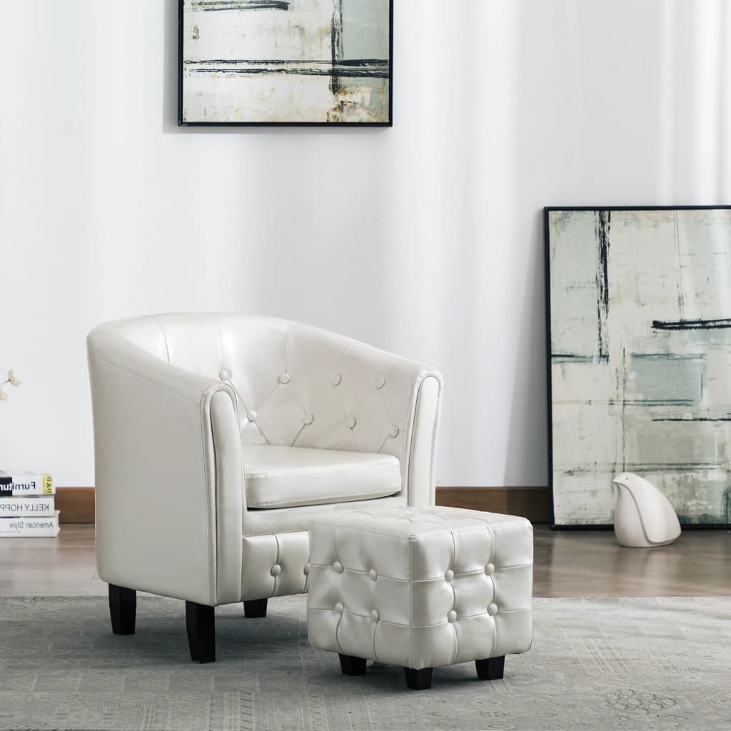 Farbe: WeißMaterial: Holzrahmen + KunstlederbezugSesselmaße: 64 x 57 x 70 cm (B x T x H)Fußhocker-Maße: 31 x 31 x 32 cm (B x T x H).Mit quadratischen BeinenDie Lieferung umfasst einen Sessel und einen FußhockerMaterial: Baumwolle: 7%, Polyester: 5%, Polyurethan: 4%, PVC: 84%