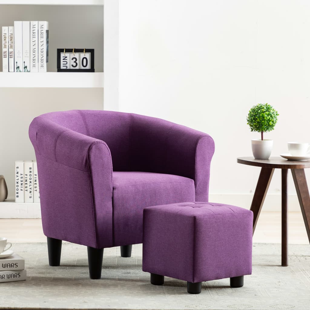 Farbe: Lila + SchwarzMaterial: Kunststoff und TextilgewebeAbmessungen Sessel: 70 x 56 x 66 cm (B x T x H)Abmessungen Fußhocker: 31 x 31 x 32 cm (L x B x H)Material: Polyester: 100%