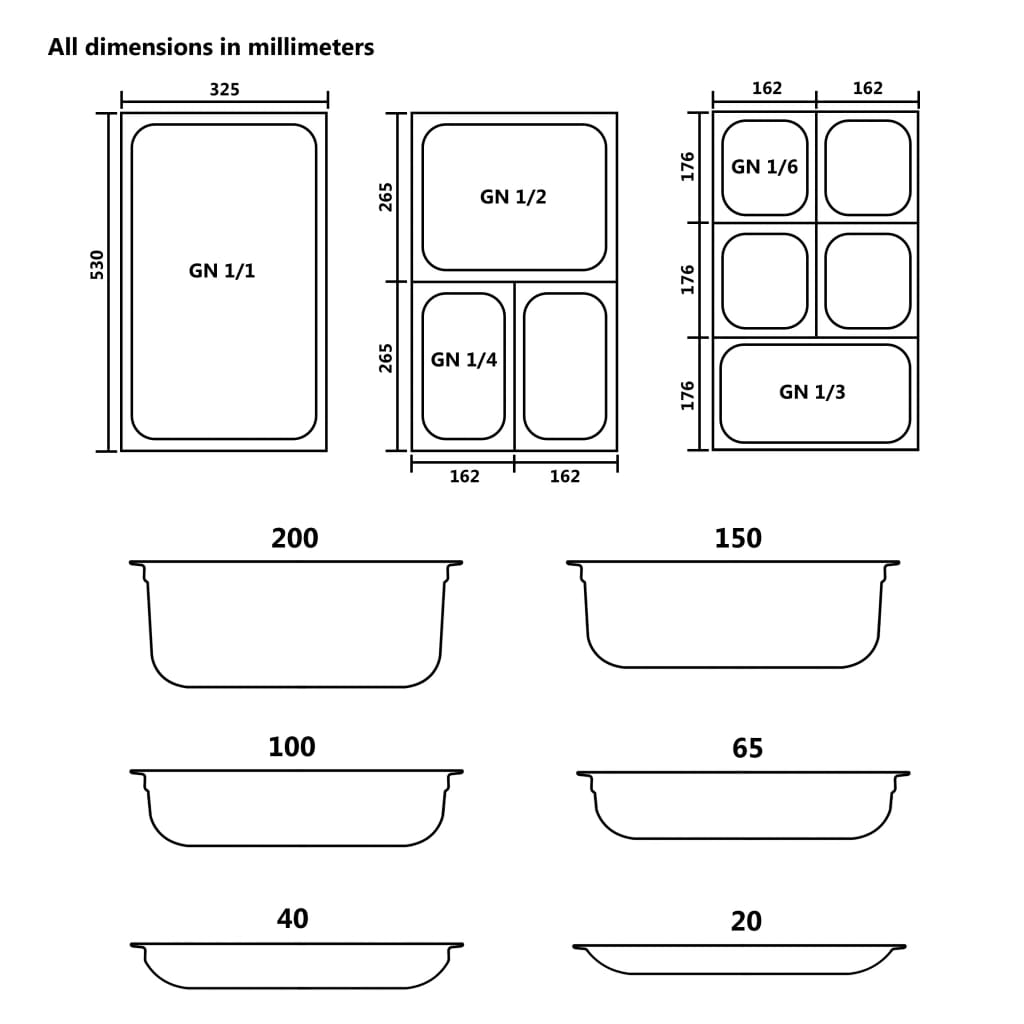 12 db rozsdamentes acél Gasztronorm edény GN 1/6 100 mm 