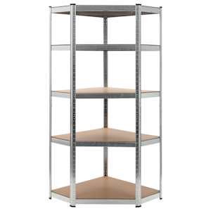 Kotni regal s policami 5-nadstropni srebrno jeklo in inž. les