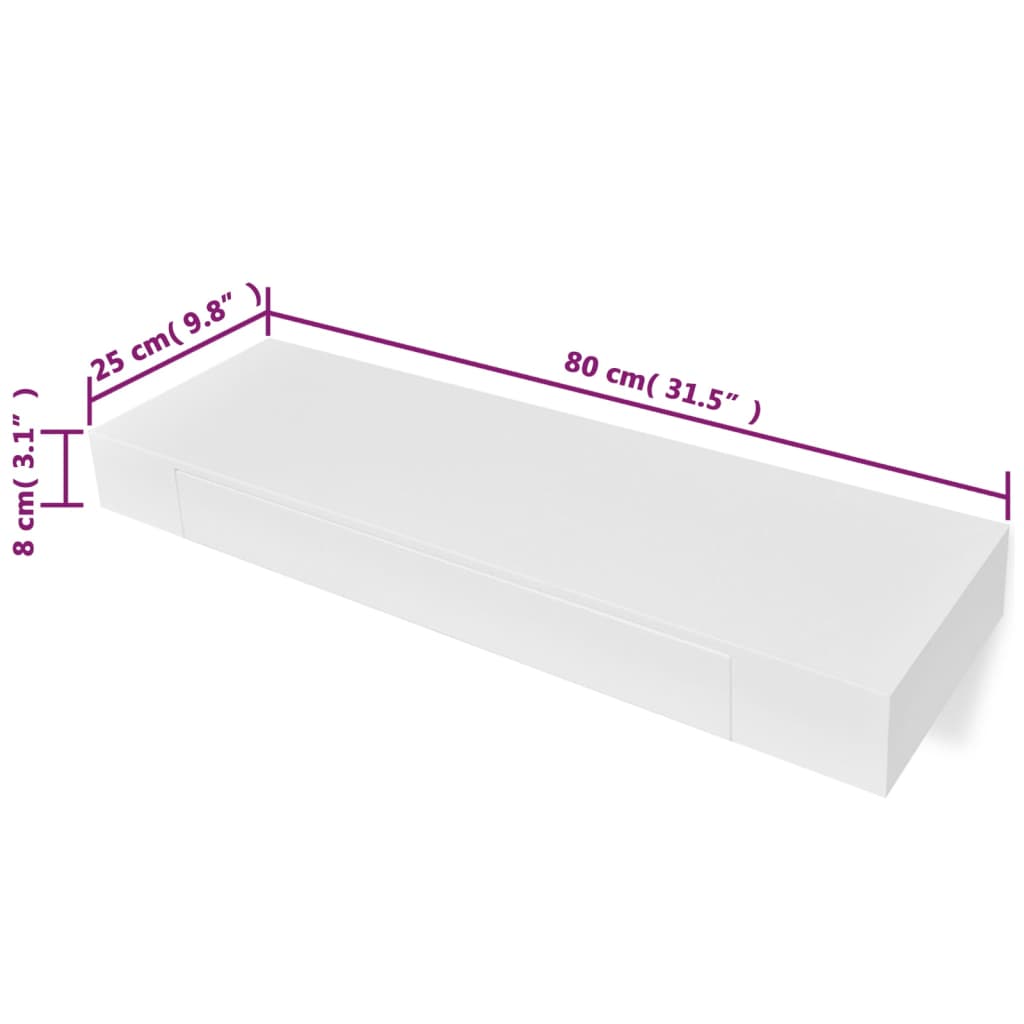 2 db fehér lebegő fali polc fiókkal 80 cm 