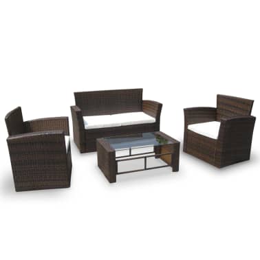 vidaXL 4 pcs conjunto lounge jardim c/ almofadões vime PE castanho[1/4]