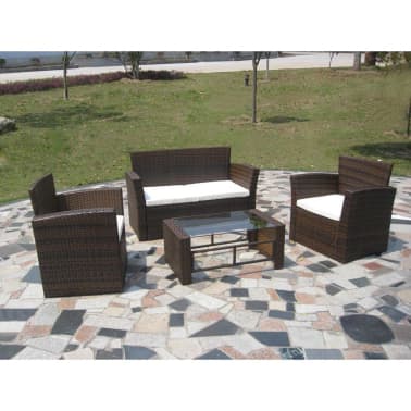 vidaXL 4 pcs conjunto lounge jardim c/ almofadões vime PE castanho[2/4]
