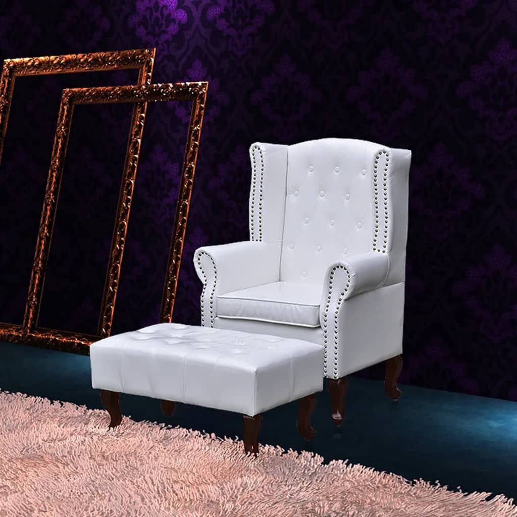 Farbe: WeißMaterial: Kunstleder-Bezug, Schaumstoff-Polsterung Sessel-Maße: 66 x 78 x 111 cm (L x B x H) Fußhocker-Maße: 78 x 48 x 40 cm (L x T x H) Füße: 20 cm, Massivholz Sitzhöhe: 48 cmMaterial: PVC: 100%