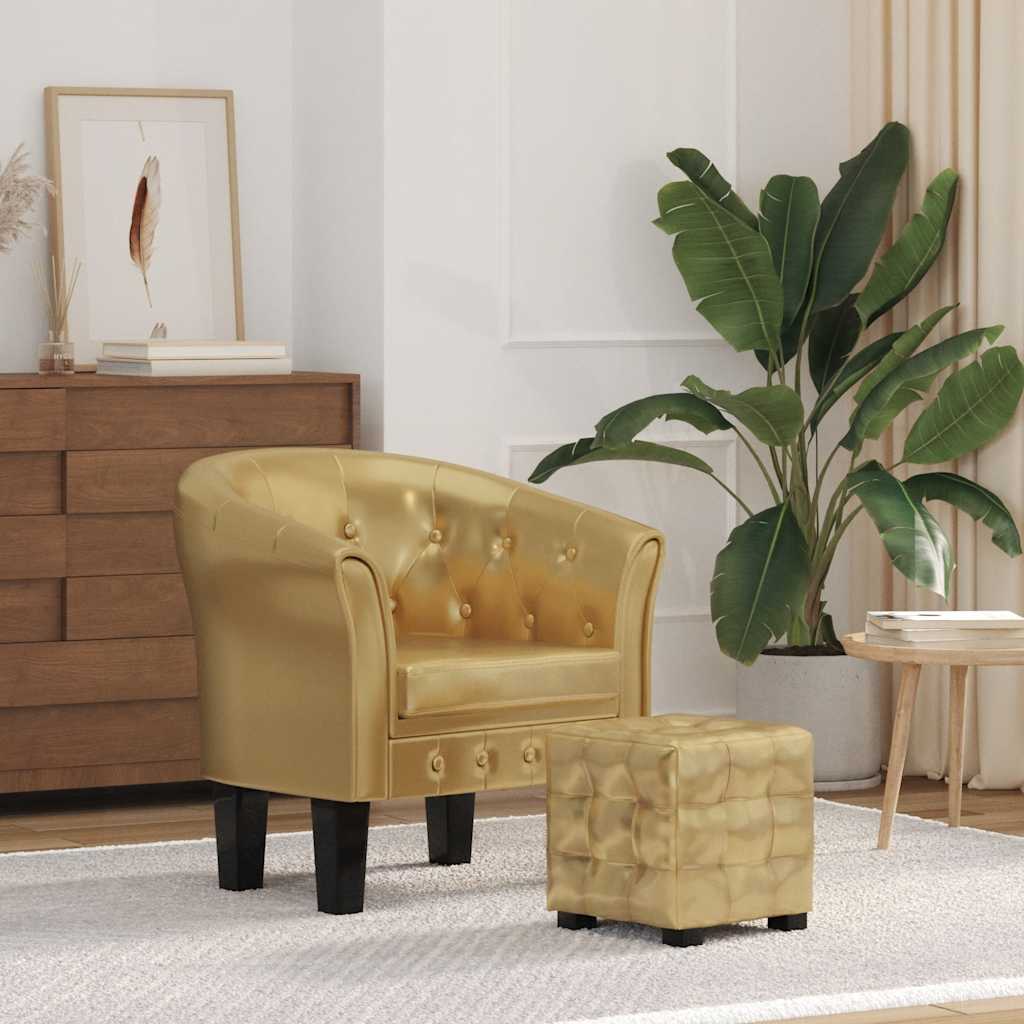 klubkrēsls ar kāju soliņu, zelta krāsas mākslīgā āda