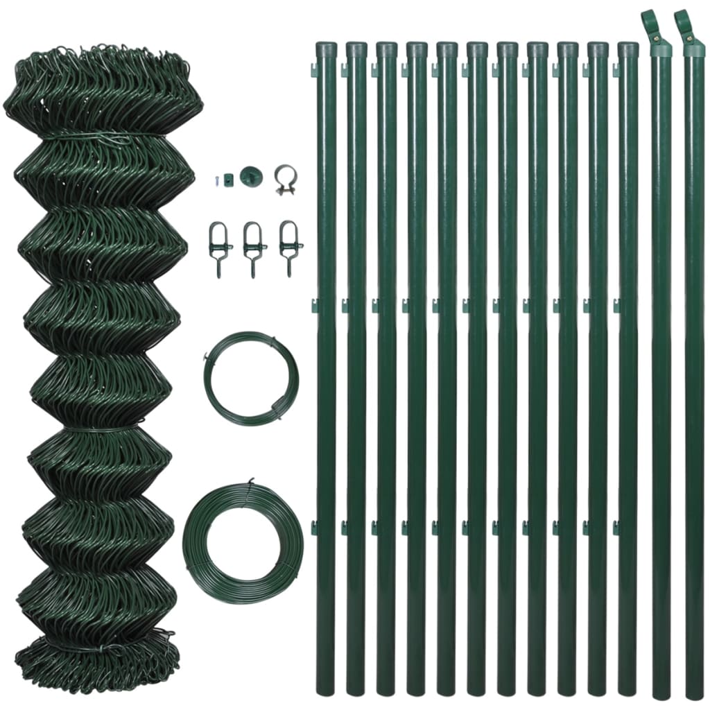Image of vidaXL Chain Link Fence with Posts Steel 1.5x15 m Green