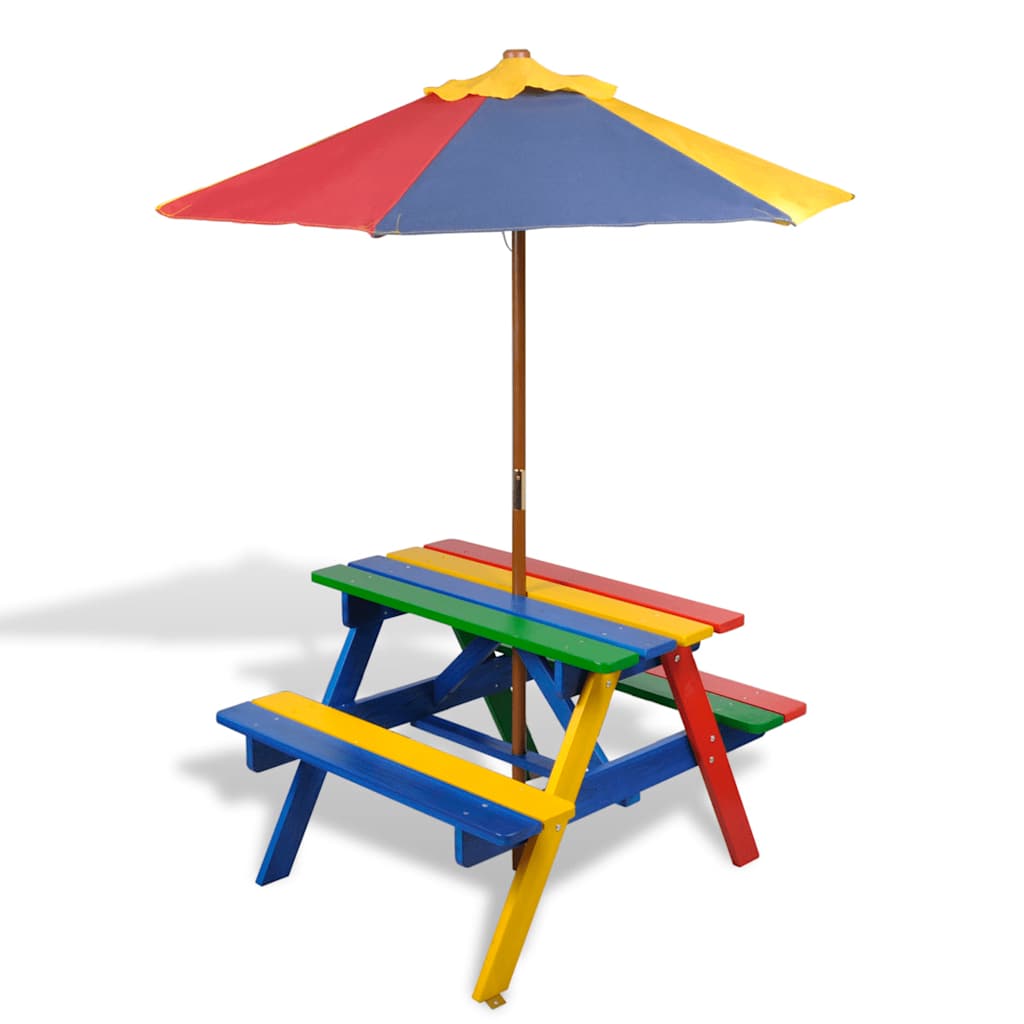 vidaXL Masă de picnic pentru copii cu bănci & umbrelă, lemn multicolor