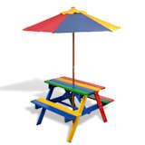 4-kleurige kinderpicknicktafel met bankjes en parasol