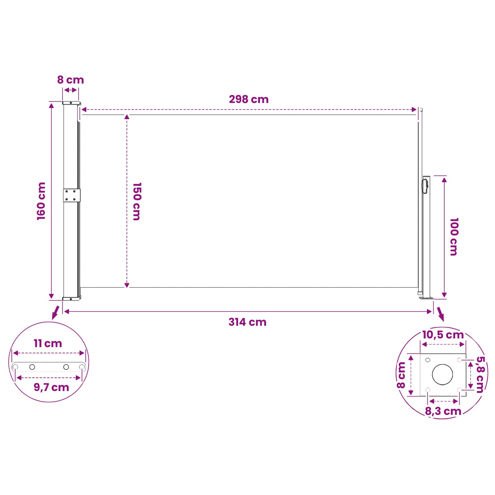 Patio Retractable Side Awning size guide