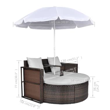 vidaXL Espreguiçadeira para jardim com guarda-sol vime PE castanho[8/8]