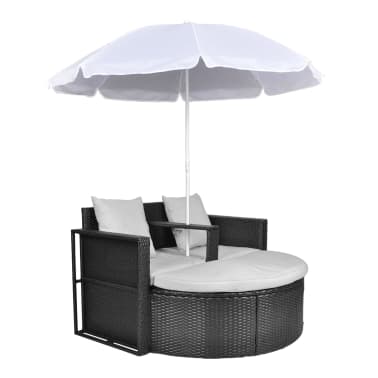 vidaXL Espreguiçadeira para jardim com guarda-sol vime PE preto[2/8]