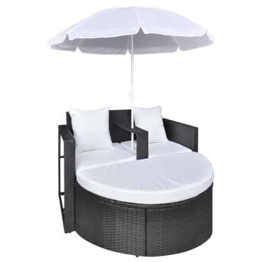 vidaXL Espreguiçadeira para jardim com guarda-sol vime PE preto[4/8]