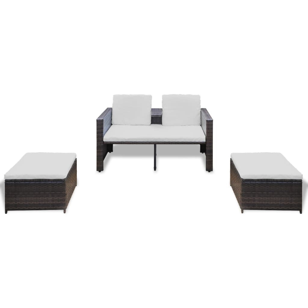 Zestaw mebli rattanowych 2-osobowa sofa+2 podnóżki, kremowe wyściełanie, 132x62x77 cm