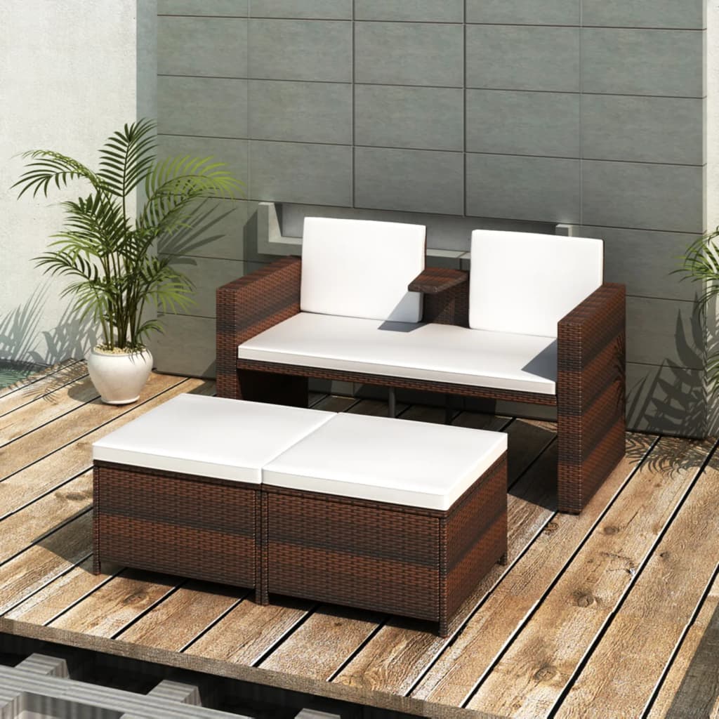 imagem de vidaXL 4 pcs conjunto lounge jardim c/ almofadões vime PE castanho1