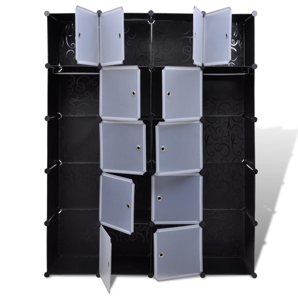 Fekete/fehér moduláris szekrény 14 rekesszel 37x146x180,5 cm 