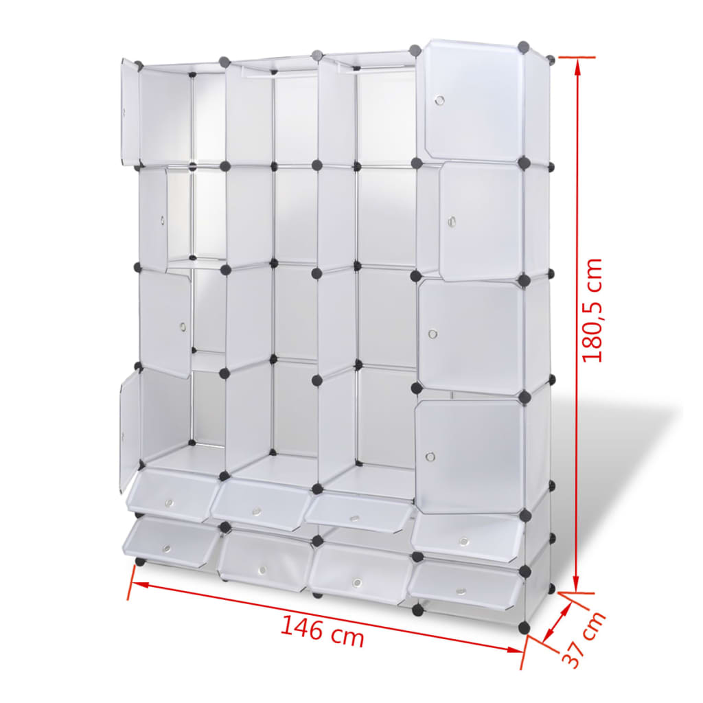 Fehér moduláris szekrény 18 rekesszel 37 x 146 x 180,5 cm 