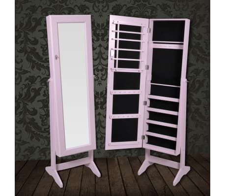 Шкаф за бижута с огледало на стойка, цвят розов