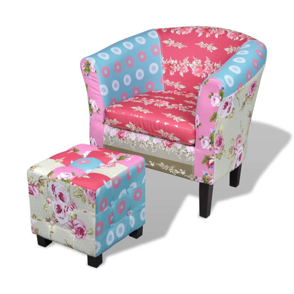 vidaXL Fotel z podnóżkiem, patchworkowy, tkanina