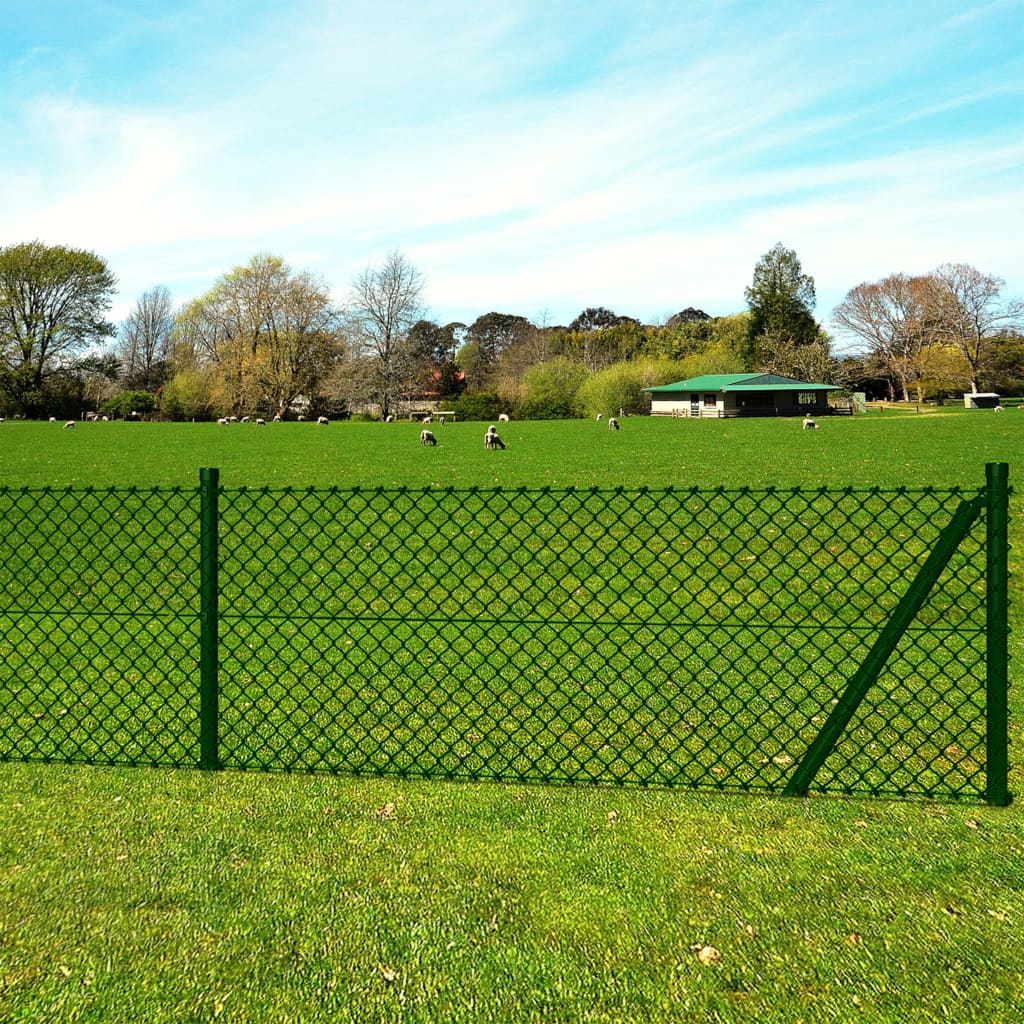 vidaXL Tinklinė tvora su stulpais, žalia, 1,25x15m, plienas