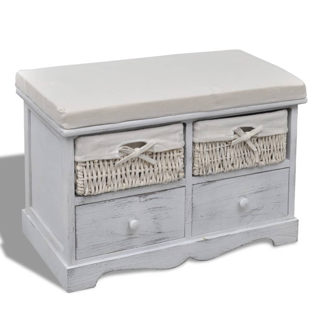 Vidaxl White Wooden Storage Bench 2 Weaving Baskets 2 Drawers