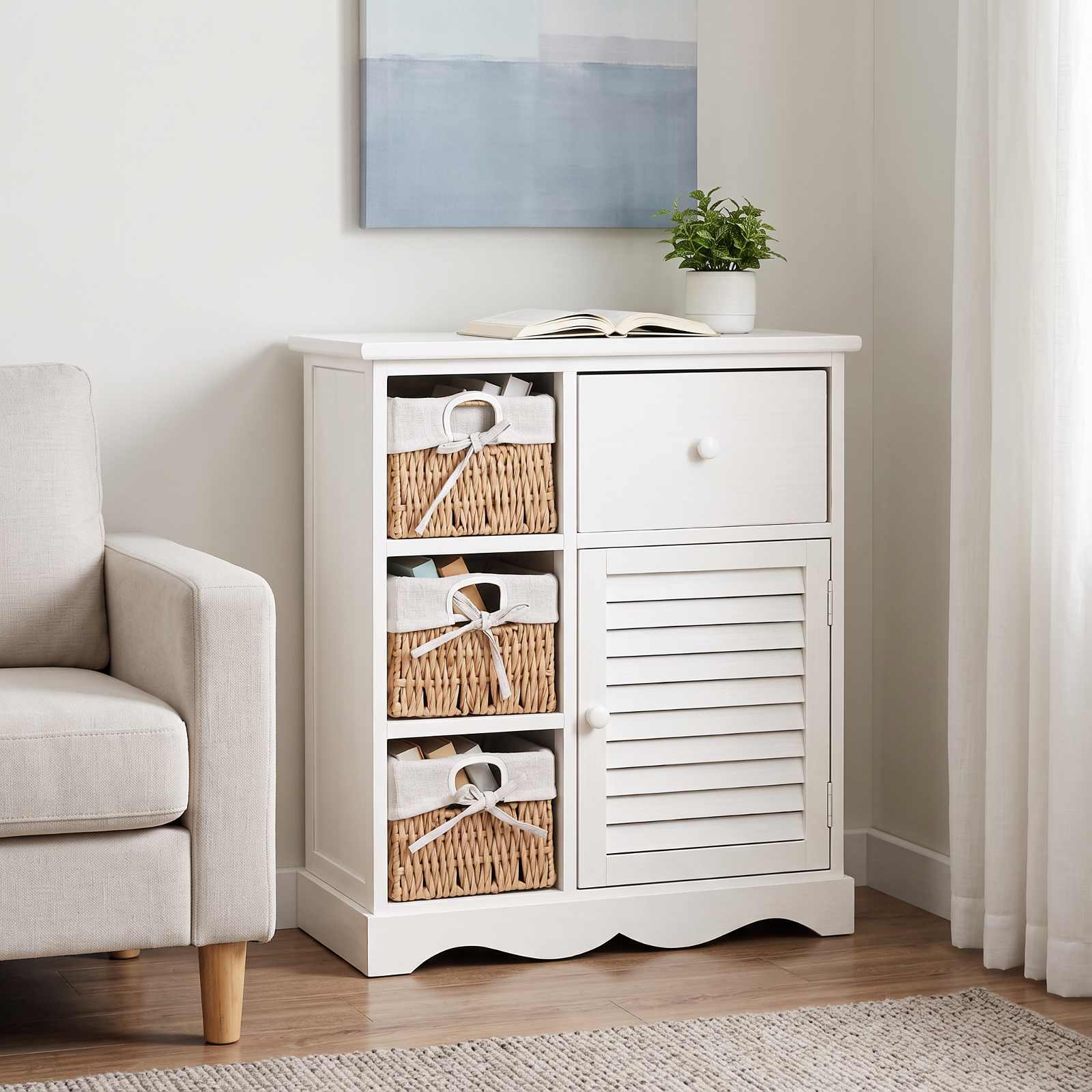 Skab med 3 fletkurve i træ - hvid, 60 × 30 × 63 cm