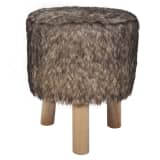 Plush Round Footrest with 3 Wooden Feet Brown