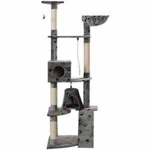 Draskyklė, Stovas Katėms, 191 cm, Pilkas Pliu&scaron;as su Pėdutėmis