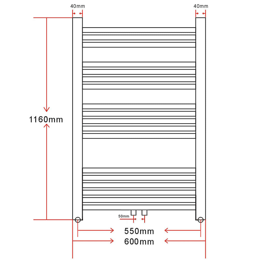 Fürdőszobai törölközőszárító radiátor központi fűtéssel oldalsó és középső csatlakozóval ívelt 600 x 1160 mm 