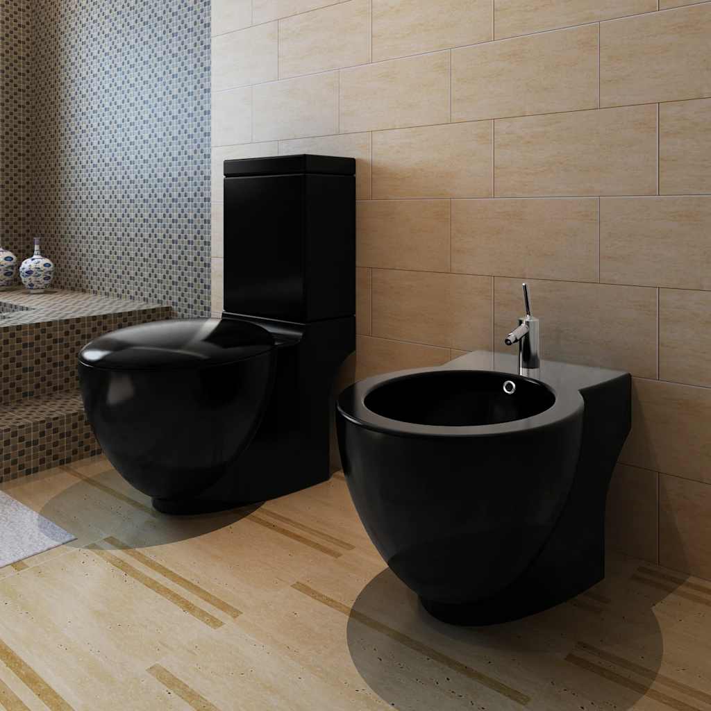 Stående toilet og bidet sæt i keramik - sort