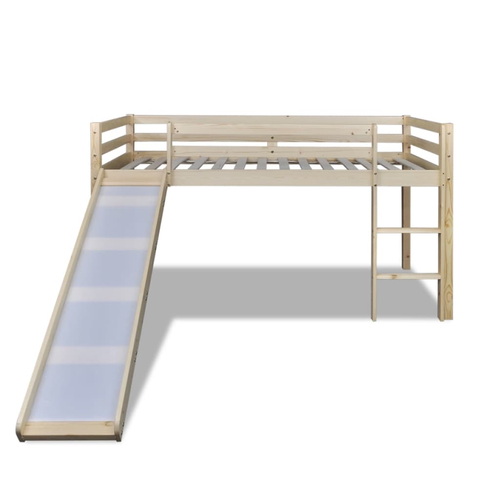 Cama alta de madera marrón clara con escalera y tobogán