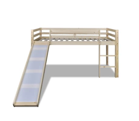 Dětská vyvýšená postel se skluzavkou a žebříkem, přírodní dřevěný rám