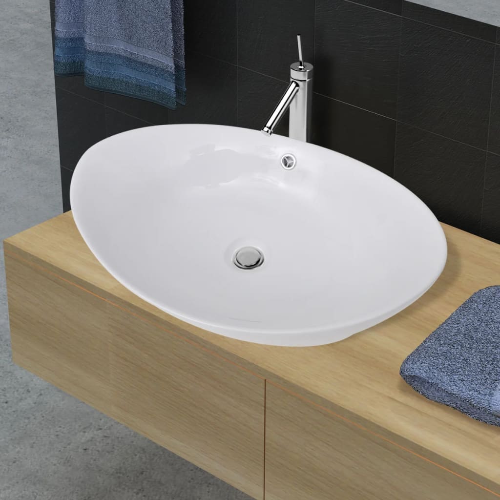 #2 - vidaXL håndvask keramisk oval med overløb 59 x 38,5 cm