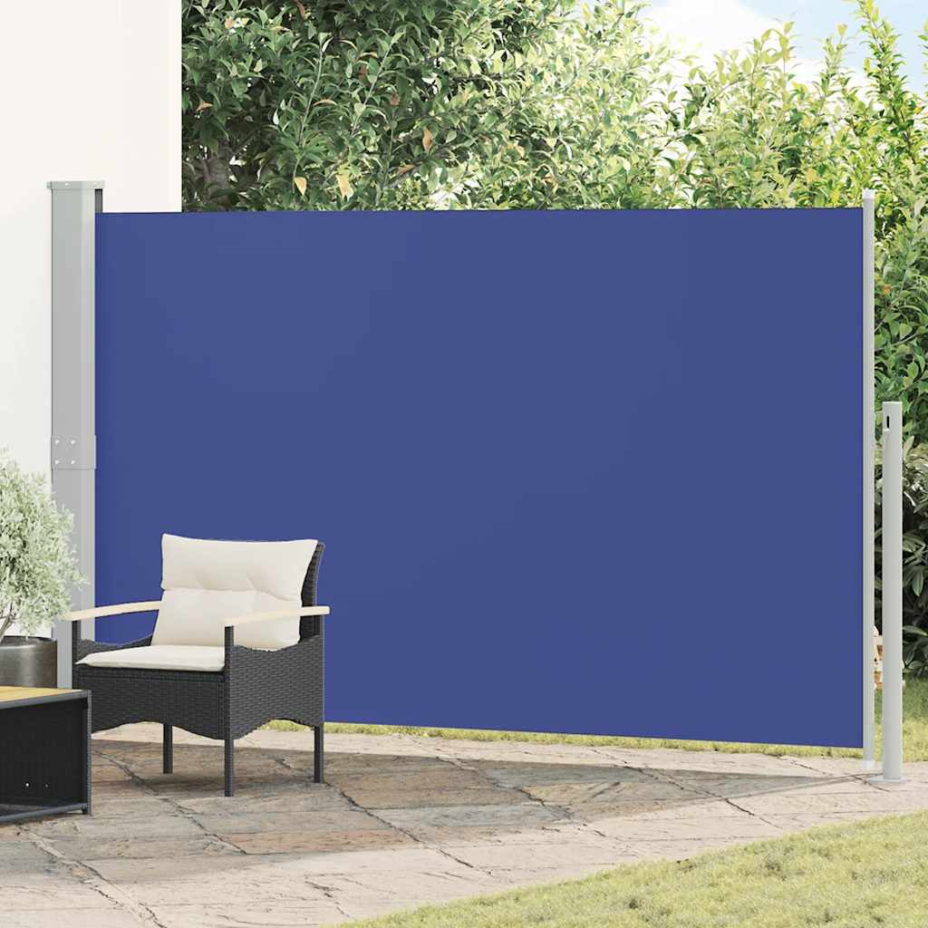 Blue fabric patio awning with metal frame, side view in a garden setting.