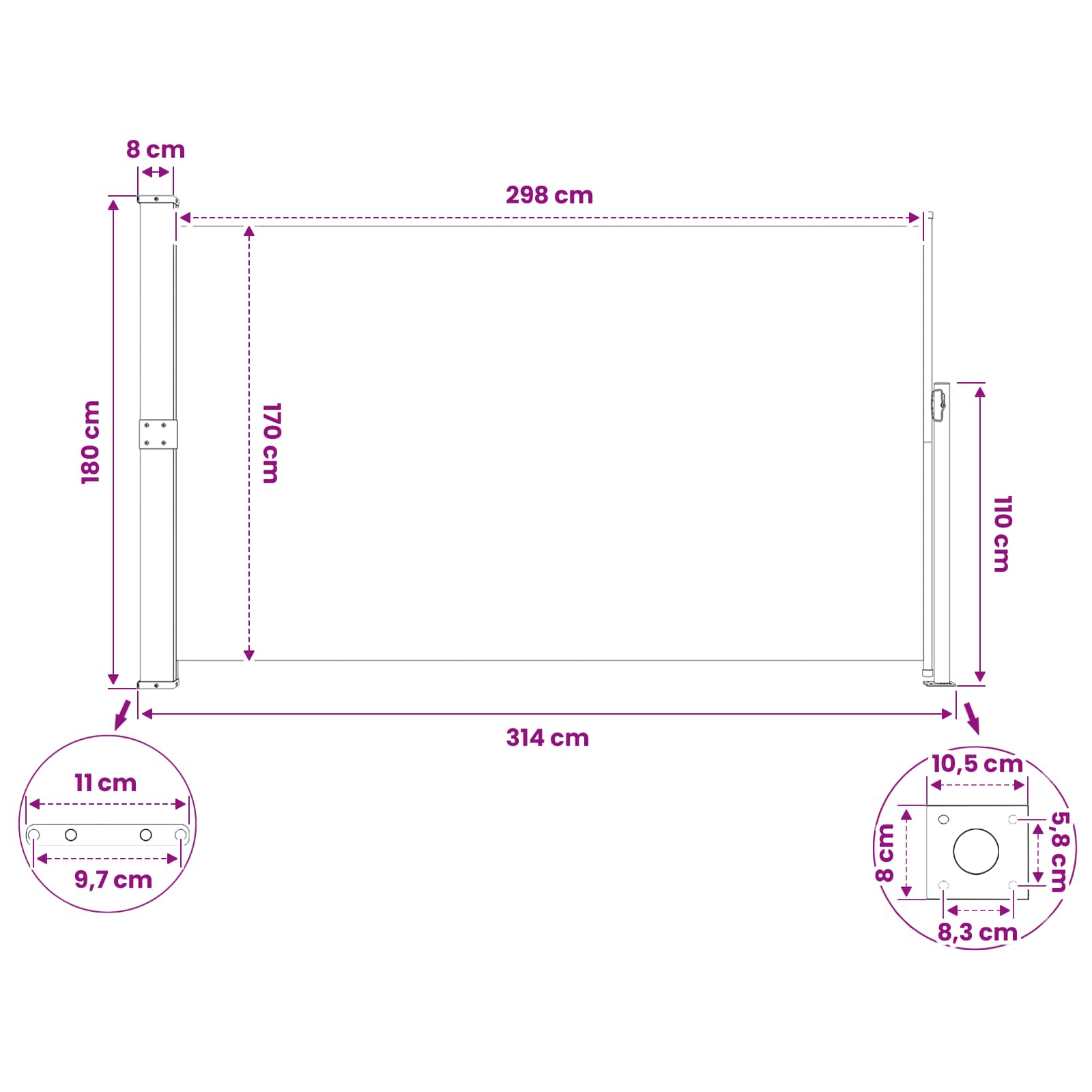 Patio Terrace Side Awning size guide