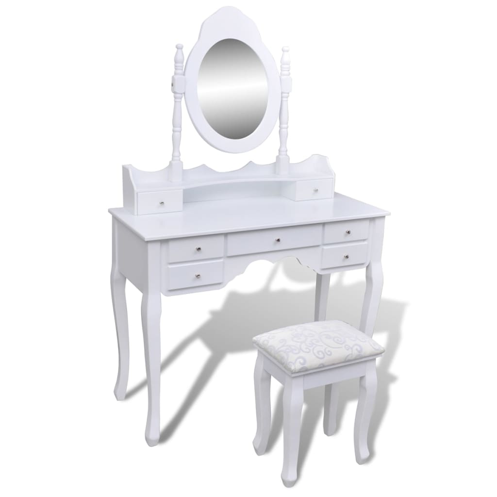 vidaXL Masă de toaletă cu oglindă și taburet, 7 sertare, alb vidaXL
