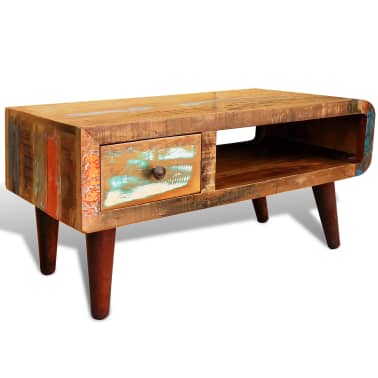 Vidaxl Coffee Table With Curved Edge 1 Drawer Reclaimed Wood