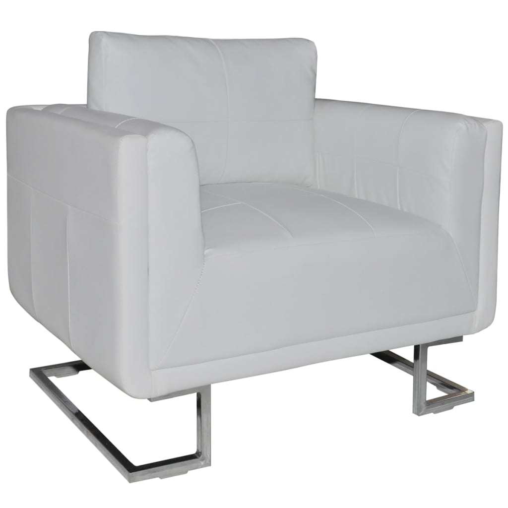 Image of vidaXL Cube Armchair with Chrome Feet White Faux Leather
