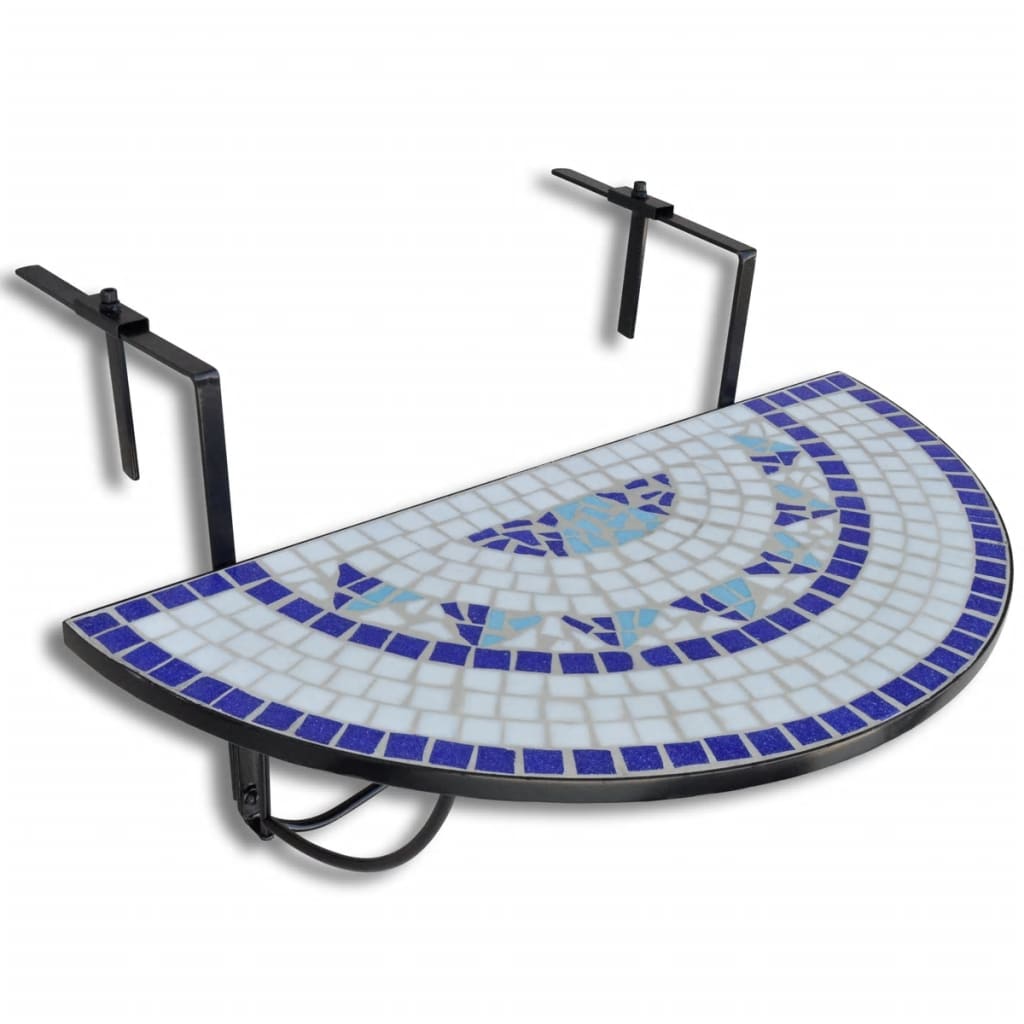 Image of vidaXL Hanging Balcony Table Blue and White Mosaic