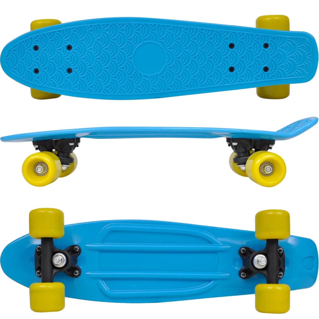 Retro-Skateboard mit blauem Deck und gelben Rollen 6,1"