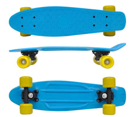 Retro-Skateboard mit blauem Deck und gelben Rollen 6,1"