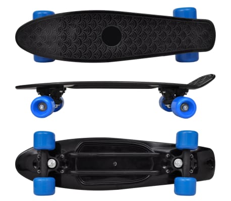Retro-Skateboard mit schwarzem Deck und blauen Rollen 6,1"