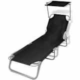 vidaXL Folding Sun Lounger with Canopy Steel and Fabric Black