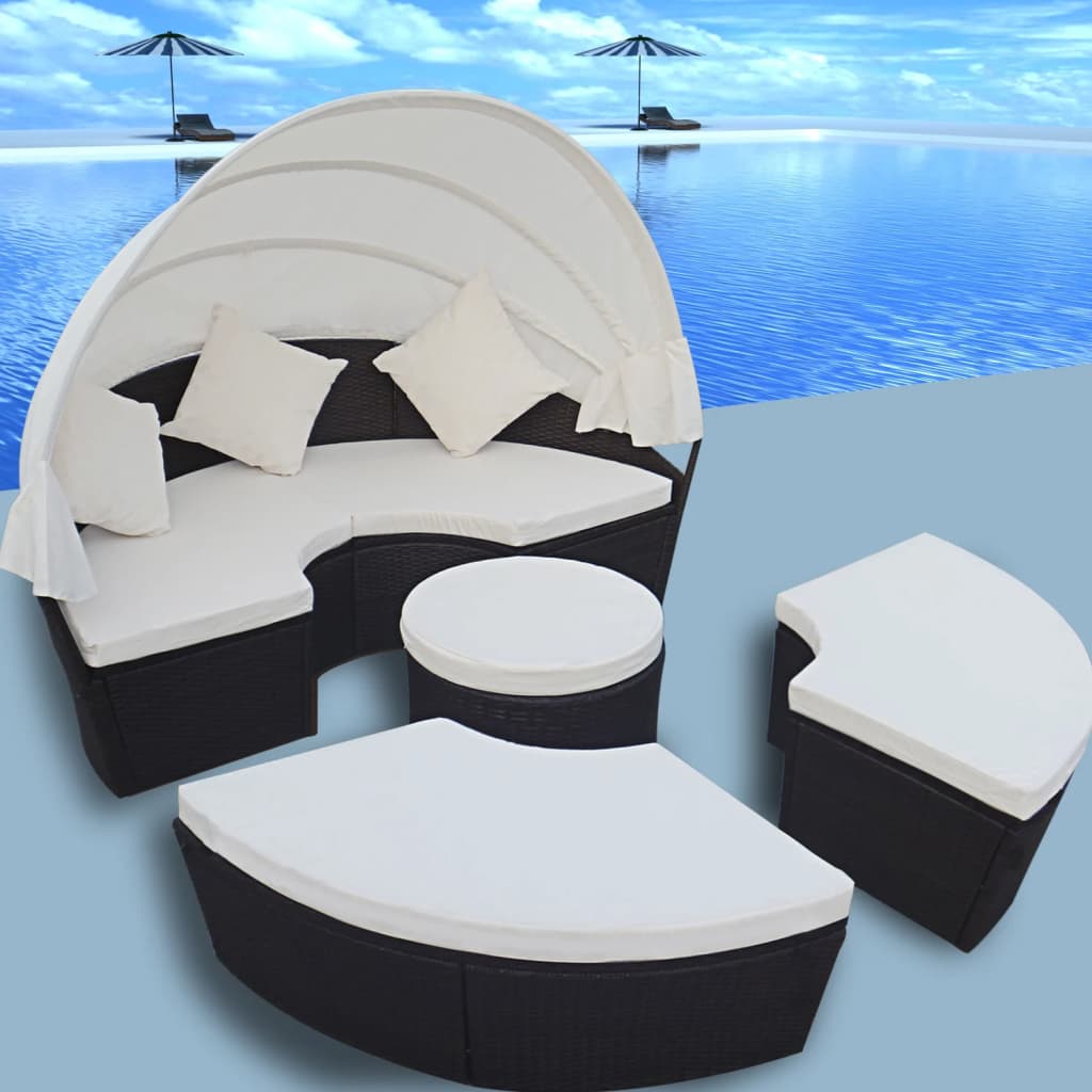 vida XL Outdoor-Sonneninsel mit Sonnendach Poly Rattan Schwarz