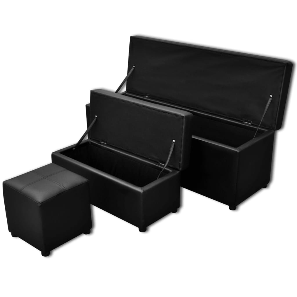 Set banchetă depozitare, piele eco, taburet pt. picioare, negru, 3 buc