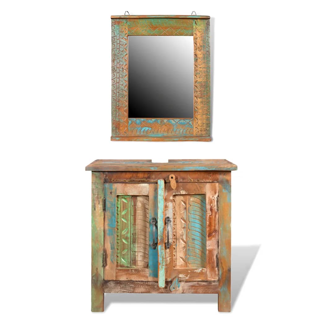 Image of Reclaimed Solid Wood Bathroom Vanity Cabinet Set with Mirror