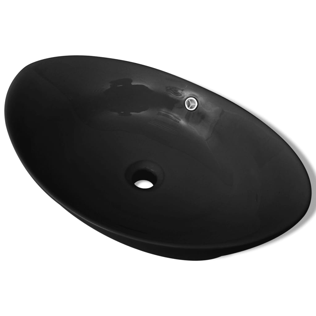Černé luxusní keramické oválné umyvadlo s přepadem - 59 x 38,5 cm