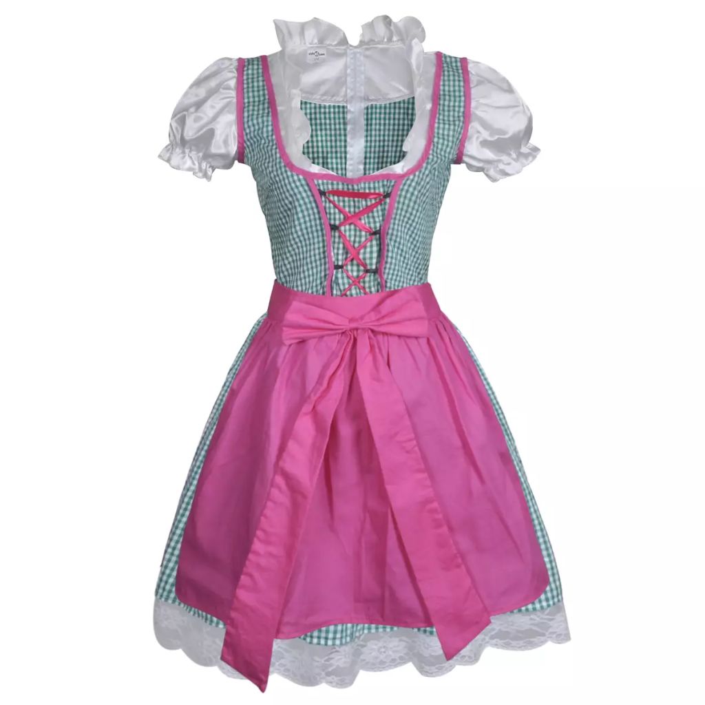 130225 Oktoberfest Dirndl Dress Trachtenkleid with Apron Green & Pink L / XL