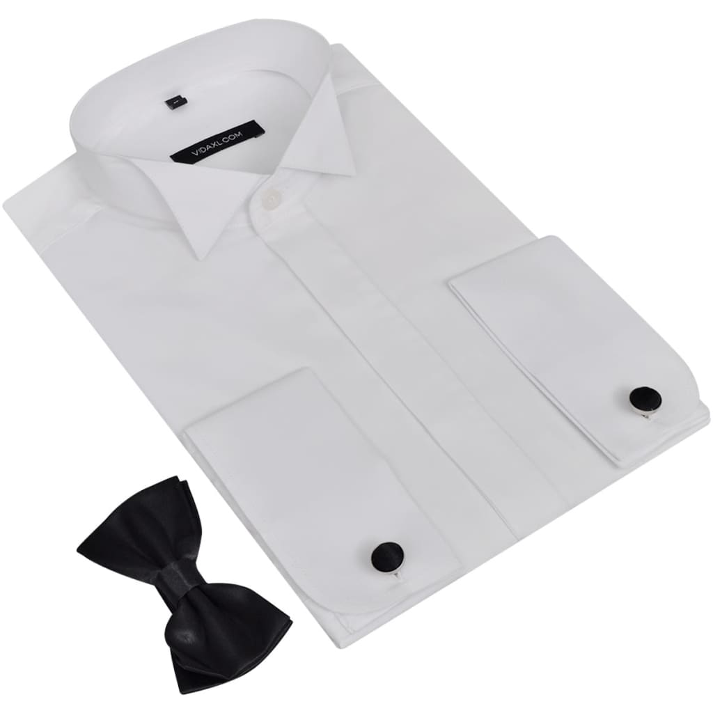 Men's Smoking Shirt with Cufflinks and Bow Tie Size M White