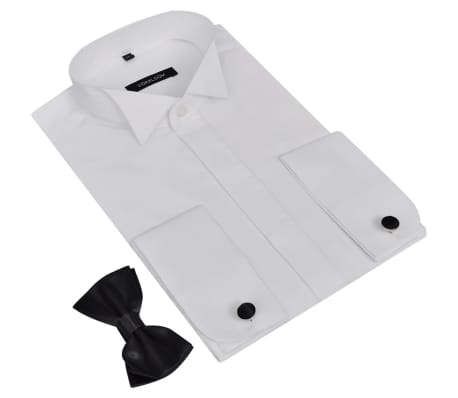 Men's Smoking Shirt with Cufflinks and Bow Tie Size M White