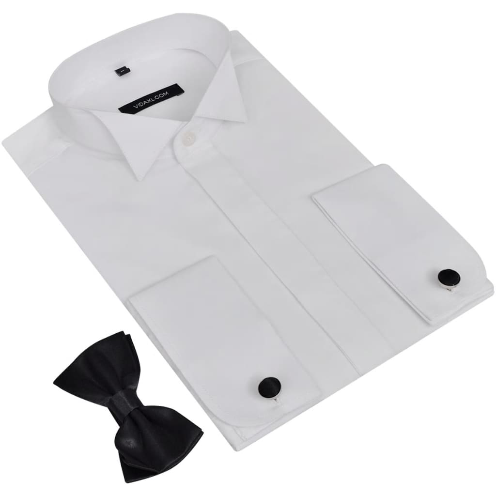 Men's Smoking Shirt with Cufflinks and Bow Tie Size L White